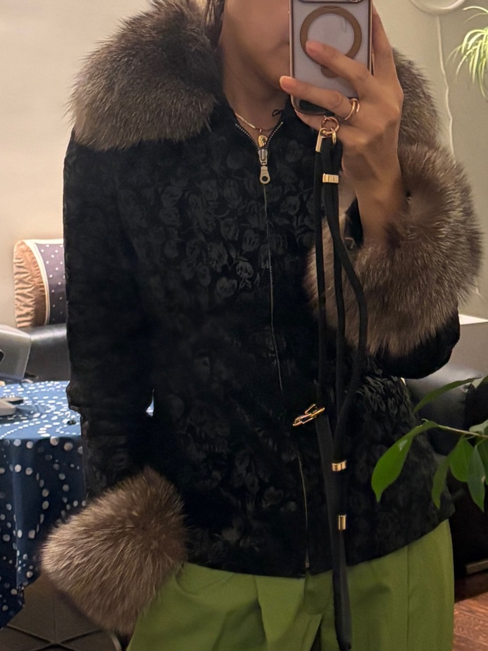 Black Floral Jacquard leather Jacket with Fur Trim - Picture 10 of 10